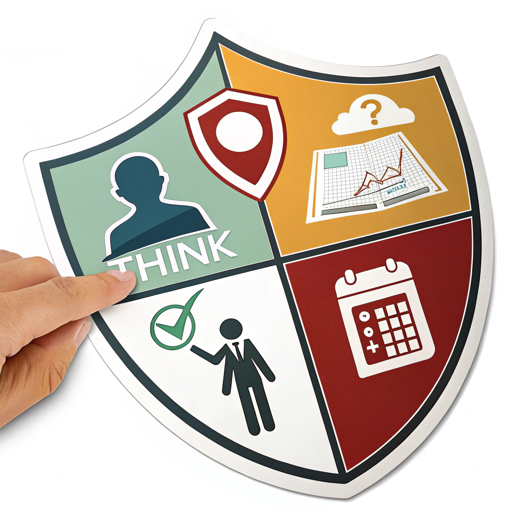 A shield emblem, divided into sections, each containing a symbol for different types of personal info (e.g., a silhouette for identity, a map pin for location, a calendar for events). The shield is overlaid with a transparent hand gesturing 'stop' or 'think'.