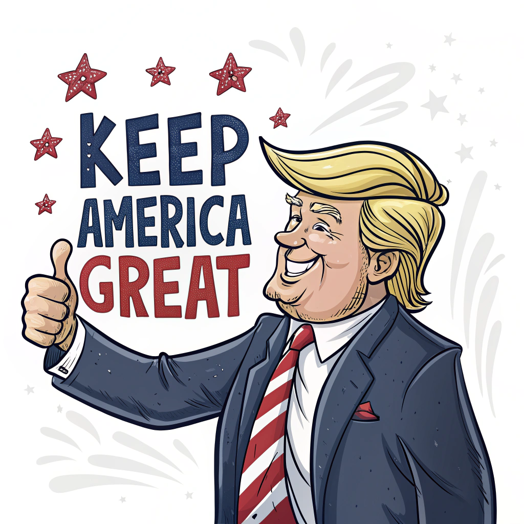 A sticker featuring a cartoon illustration of Donald Trump giving a thumbs-up, with the 'Keep America Great' slogan in a bold, patriotic font.