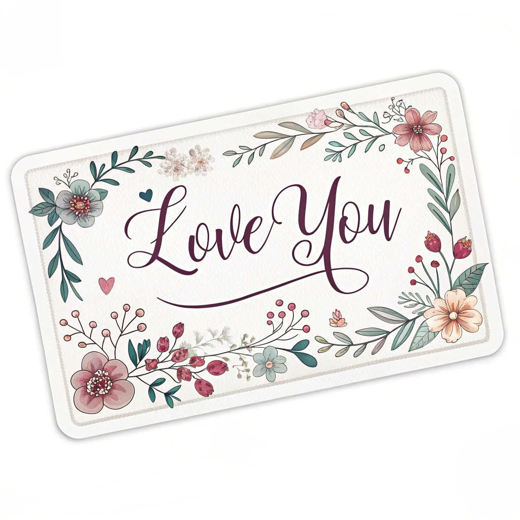 A rectangular sticker with a border of floral patterns, enclosing the words 'Love You' written in an elegant script.