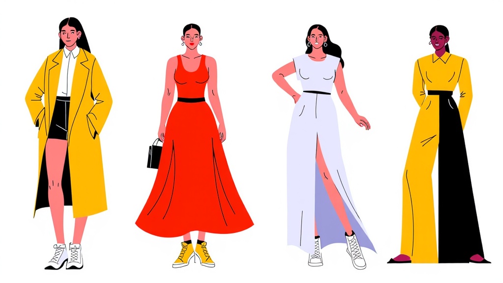Geometric Deconstruction of Silhouettes: Abstract illustrations focusing on the core geometric shapes and forms of iconic NYFW runway outfits, using bold, contrasting colors and stark lines to represent garments and overall looks.