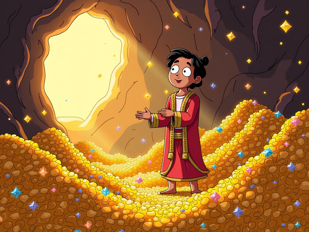 An awe-struck Ali Baba inside the treasure cave, dwarfed by heaps of gold and jewels. The focus is on his reaction to the vast wealth, with light pouring in from the entrance, hinting at his vulnerability.
