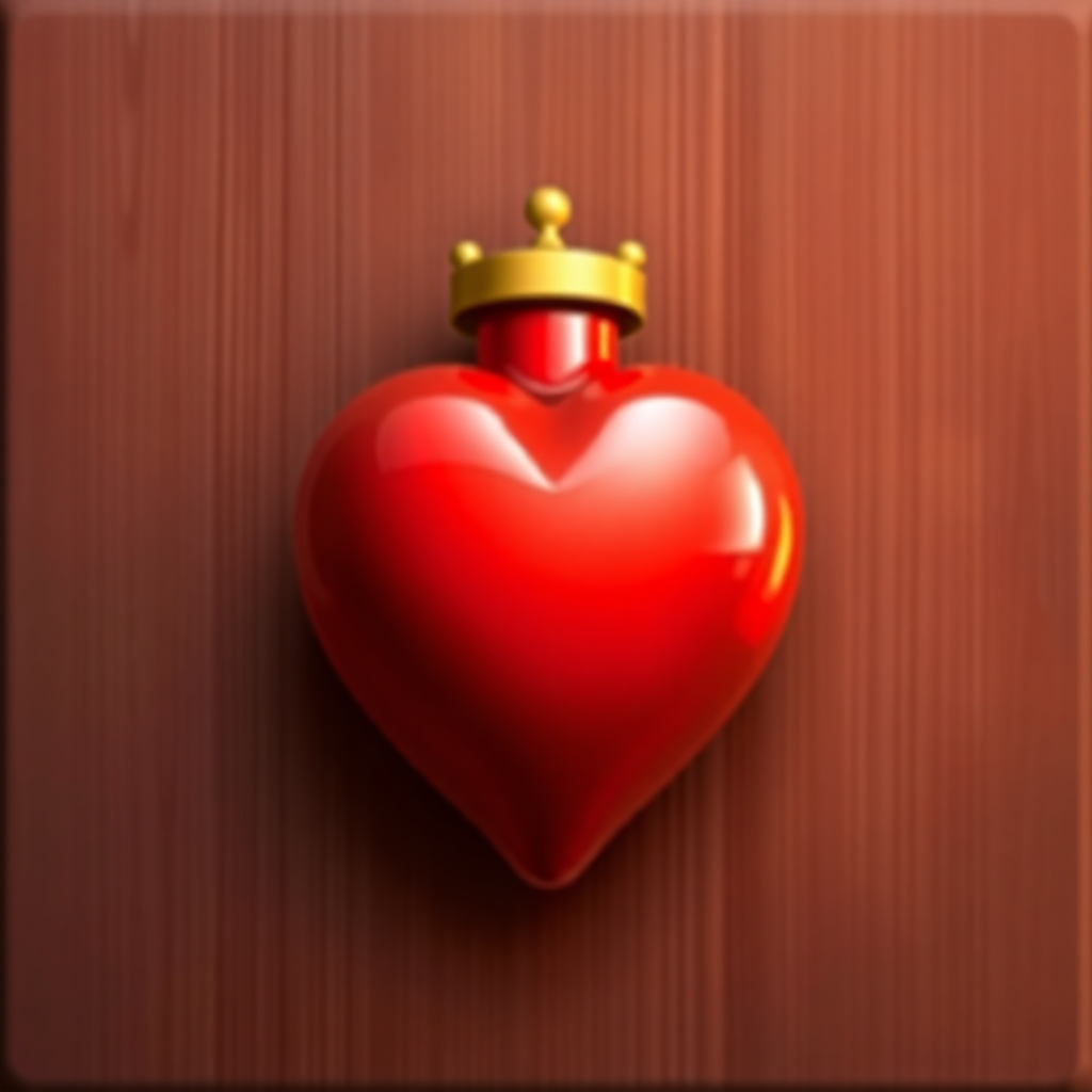 The image shows a red heart with a golden crown on top of it, set against a brown background.