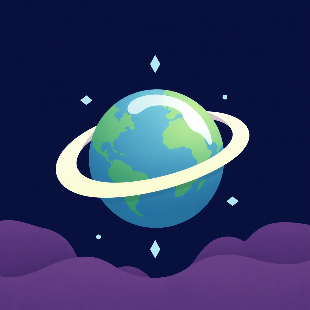 The image is an illustration of a planet with a ring around it. The planet is blue and green in color and is surrounded by a dark blue background. The ring is white and appears to be floating above the planet. Below the planet, there are purple clouds and small white diamonds scattered around. The overall color scheme of the image is blue, green, and purple.