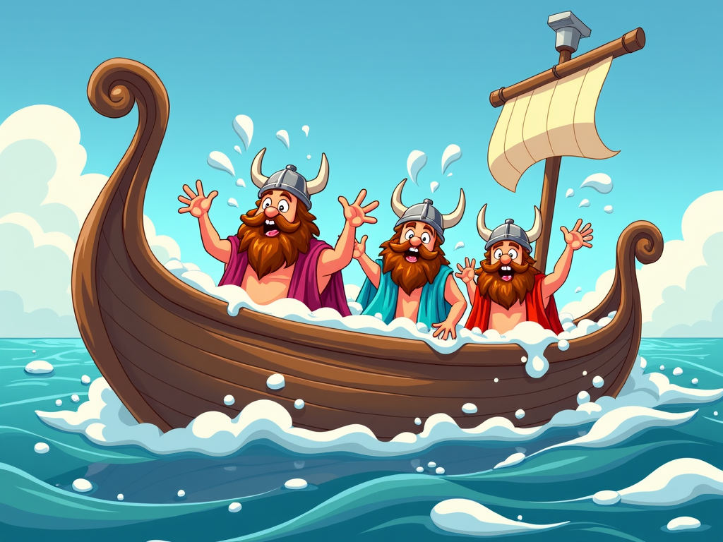 A Viking longboat that is actually a floating bathtub with a showerhead mast, Vikings wearing towels and soap suds everywhere.