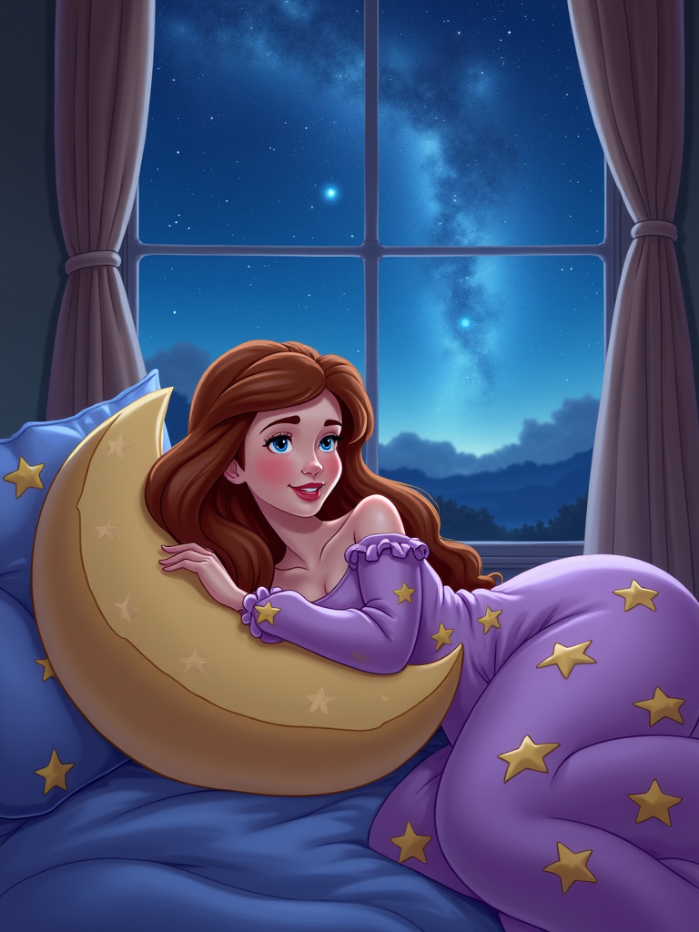 A princess wearing a nightgown with star prints, snuggling with a crescent moon-shaped pillow. Her window is open, showing a vibrant, star-filled sky.