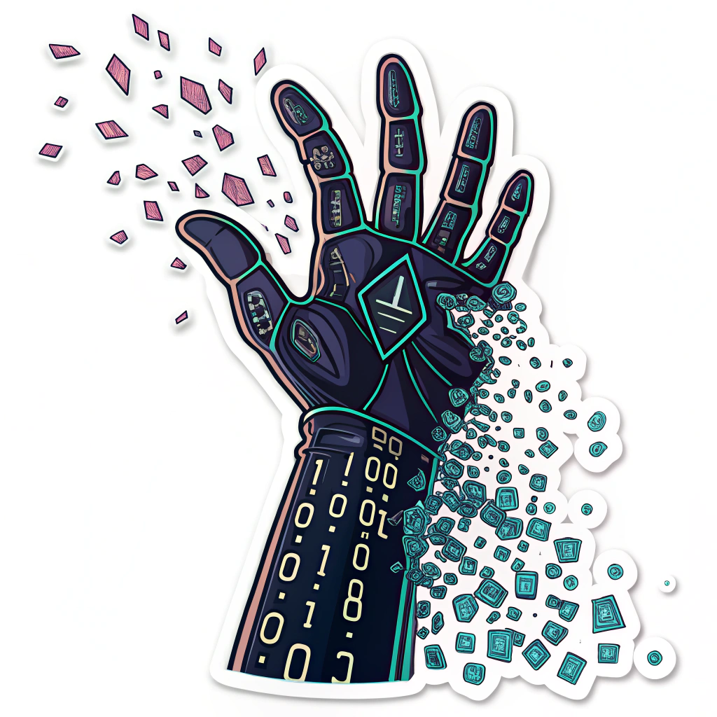 A stylized, dark metallic hand, outlined in a contrasting neon color, is shown breaking through a waterfall of binary code. The hand could be digitally fractured or disintegrating into bits where it contacts the code.