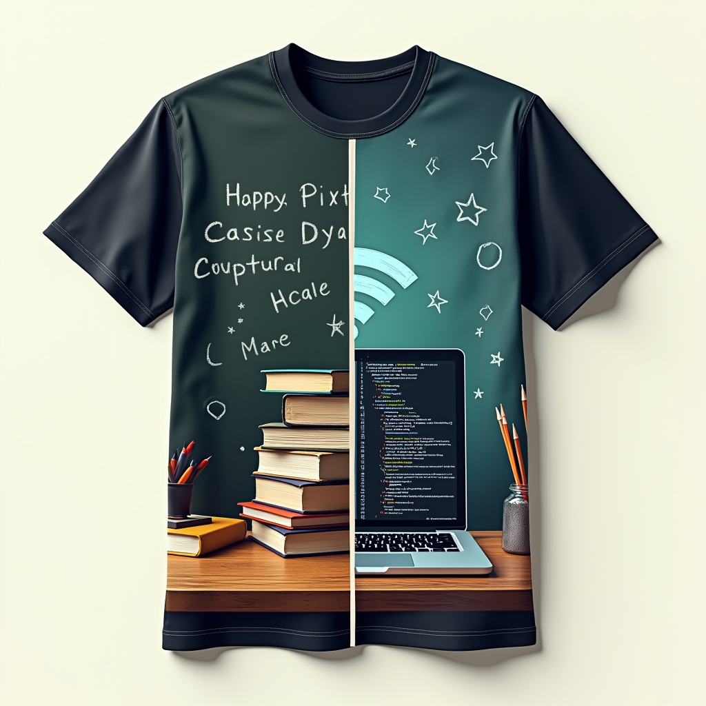 Split Graphic Tee: Design features a centered vertical line, one side depicting a physical classroom scene (desk, books, blackboard) and the other side showing a digital learning setup (laptop, code, Wi-Fi symbol).
