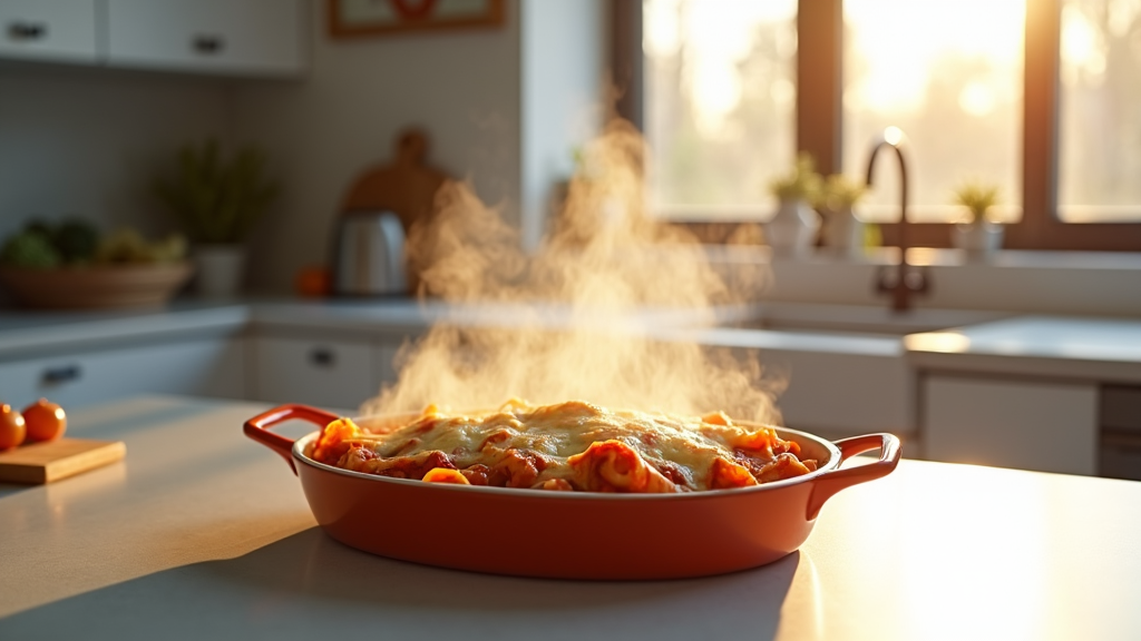 Prepared baked ziti inside a contemporary kitchen, steam rising gently from under the cheese-coated cover, reflecting the taste delights expected on bites.