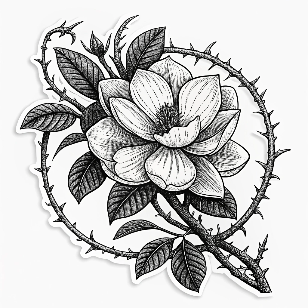 A sticker featuring a stylized magnolia flower with thorns, rendered in a black and white etching style, evoking a Southern Gothic aesthetic.