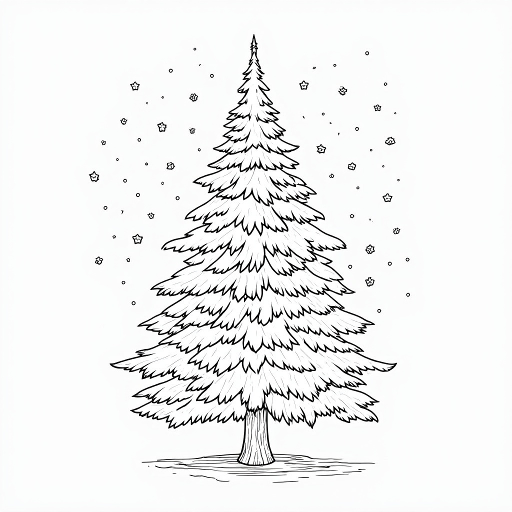 The image is a black and white line drawing of a Christmas tree. The tree is tall and slender with a pointed top and a conical trunk. It is covered in snowflakes and there are small stars scattered around it, creating a festive and wintery atmosphere. The background is plain white, making the tree stand out. The overall style of the image is simple and minimalistic.