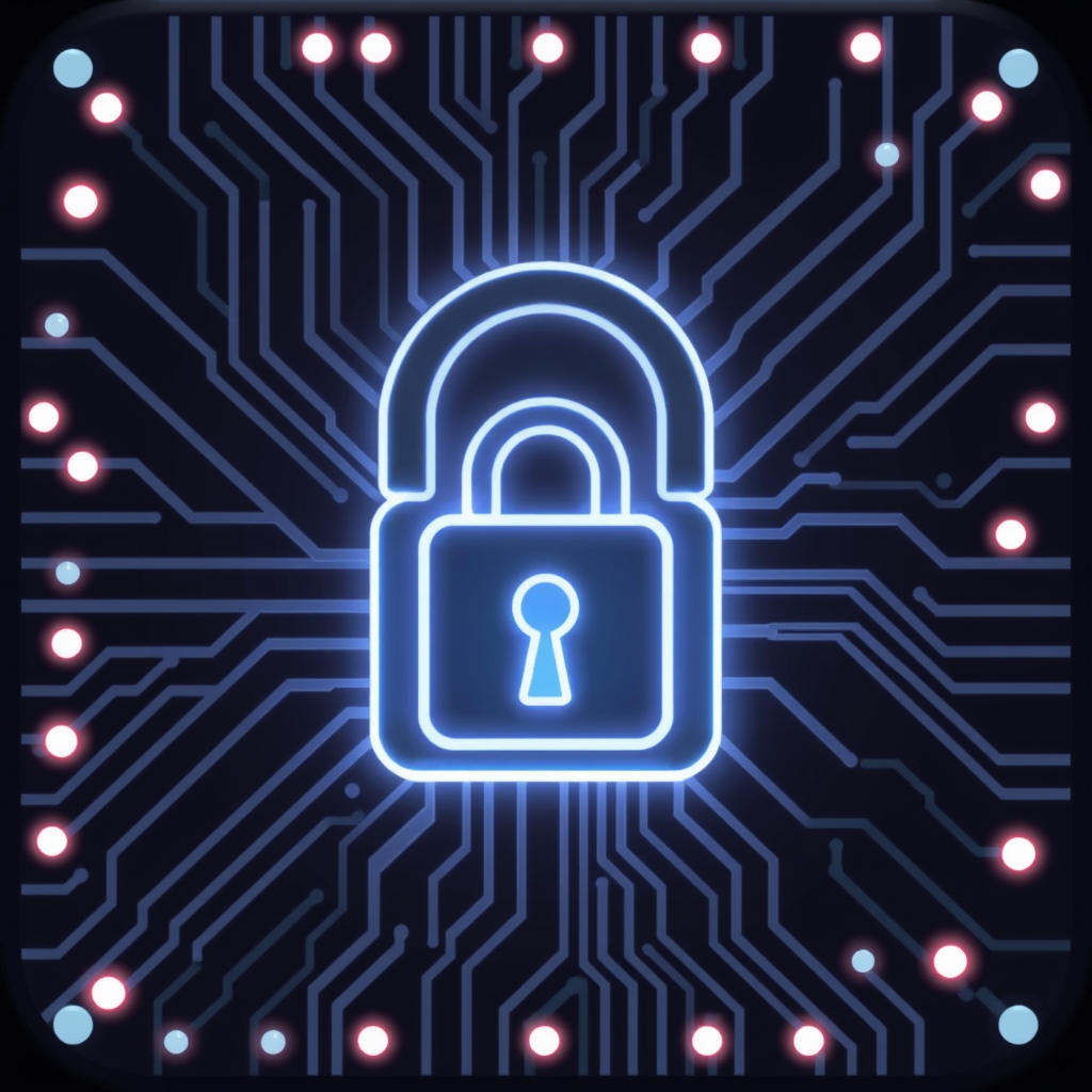 Circuitry Keyhole: The outline of a keyhole is integrated with visible circuit board traces. Some traces could glow softly. The 'lock' is represented by a robust, pixelated border or a digital padlock body surrounding the circuit-keyhole.