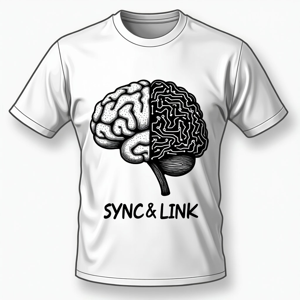 Symbolic representation: Use icons like a brain or lightbulb split into two halves – one wired/circuit-like, the other organic/hand-drawn, symbolizing the digital and physical connection. Integrate 'Sync & Link' text below.