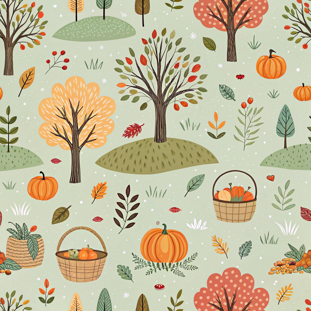 Beautiful Thanksgiving pattern illustrating a landscape through different motifs like trees with falling leaves, pumpkins, and harvest baskets. All elements are depicted on a pastel green background, seamlessly flowing into one another, evoking the peacefulness and plentiful spirit of Thanksgiving.