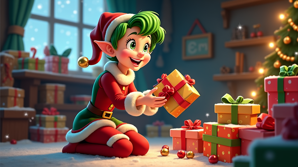  a cartoon elf sitting on the floor in front of a Christmas tree. The elf is wearing a red and green outfit with a white fur trim and a red hat with a gold pom-pom on top. She has green hair and is holding a yellow gift box in her hands. The gift box is wrapped in red and gold paper and has a red ribbon tied around it. There are several other gift boxes scattered around the elf, some of which are stacked on top of each other. The background shows a window with green curtains and a shelf with more gift boxes. The overall mood of the image is festive and cheerful.