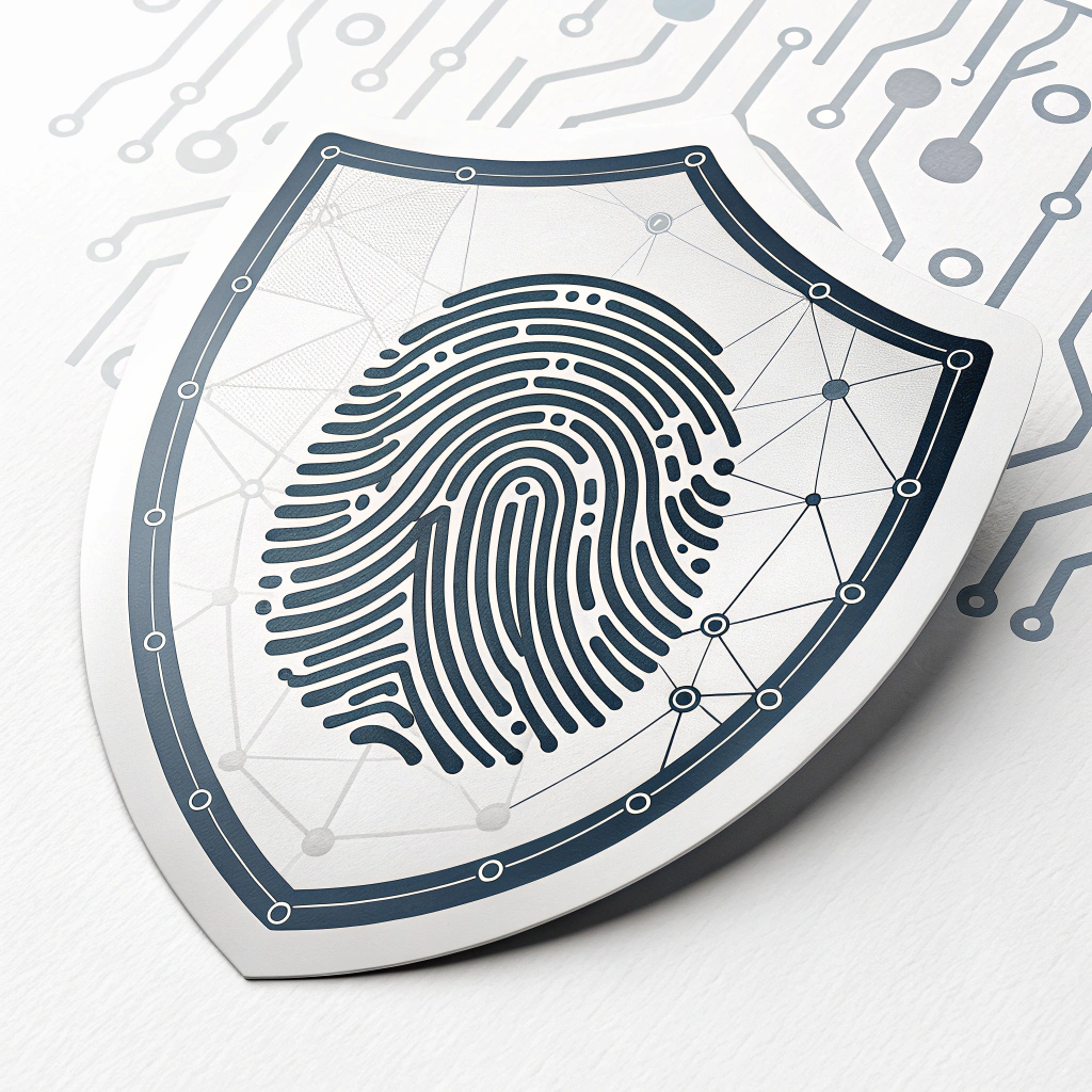 Sub-design Idea 2: A fingerprint silhouette overlaid on a shield emblem. The shield background could feature subtle binary code or network patterns, and the fingerprint itself acts as the central, verifying element.