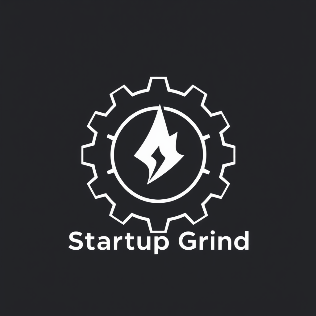 Simple Logo Idea: A clean gear icon featuring a distinct spark or ignition symbol (like a stylized lightning bolt or starburst) at its center. 'Startup Grind' text in a modern, sans-serif font below or alongside.