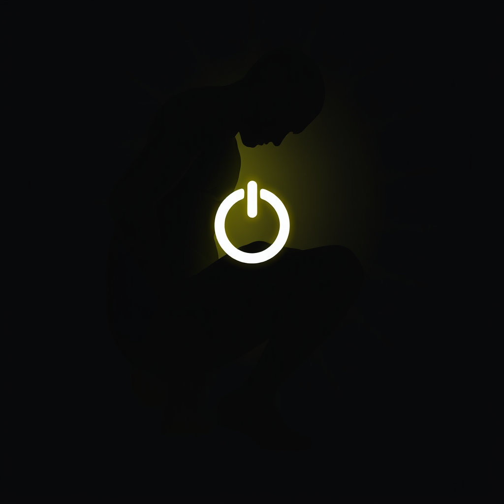 De-powered/Disabled Silhouette: A humanoid silhouette losing its form, slumping, or visually 'powering down' (e.g., lines of light fading from it), with a subtle universal 'disabled' or 'power off' icon positioned over or near it.