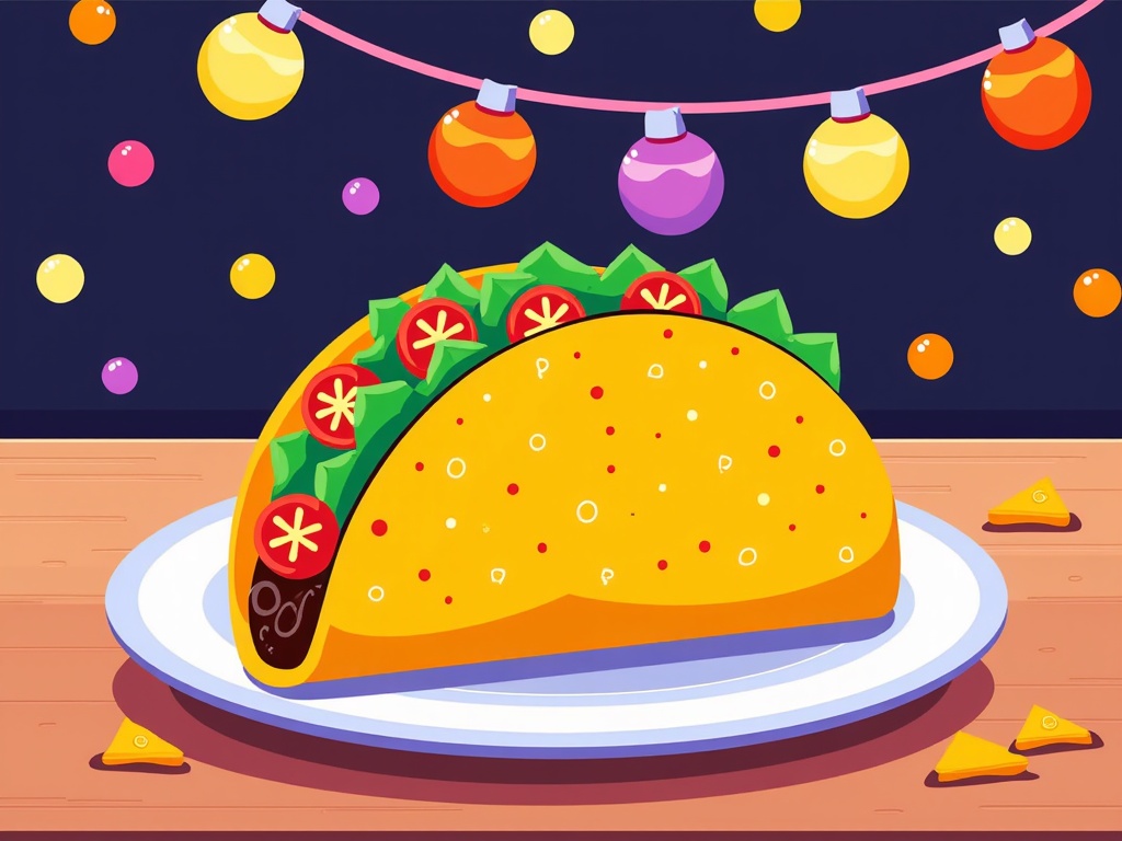 The image is an illustration of a taco on a white plate. The taco is yellow with red and green toppings, including lettuce, tomatoes, and cheese. It is placed on a wooden table with a string of colorful Christmas ornaments hanging above it. There are also a few triangles scattered around the plate. In the background, there is a dark blue sky with white clouds. The overall mood of the image is festive and cheerful.