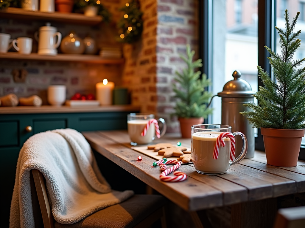 A cozy coffee nook with a festive touch, showcasing a hot cocoa bar adorned with gingerbread cookies, candy canes, and seasonal mugs, encouraging joyful moments on chilly winter mornings.