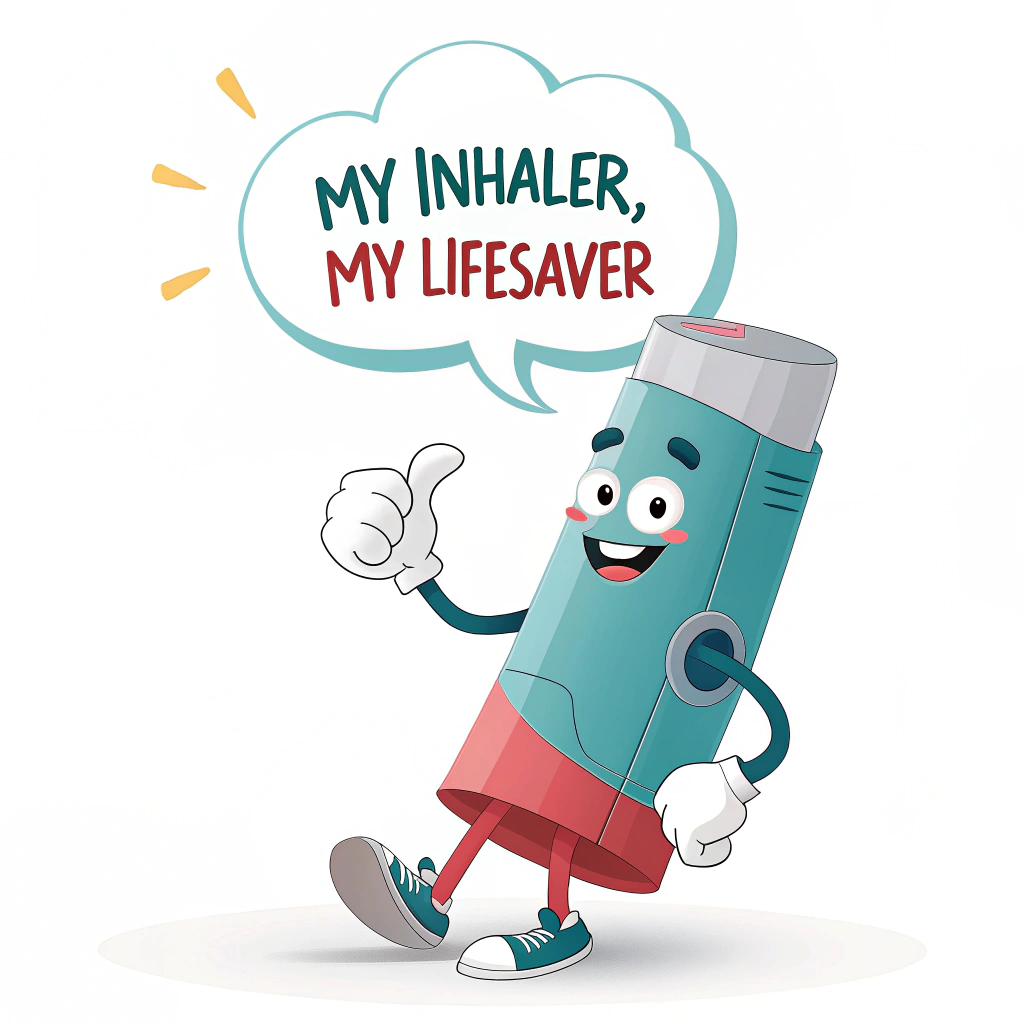 Sub-design 5: A friendly, cartoon-style inhaler character giving a thumbs-up or a comforting gesture, with the slogan 'My Inhaler, My Lifesaver' in a playful speech bubble.