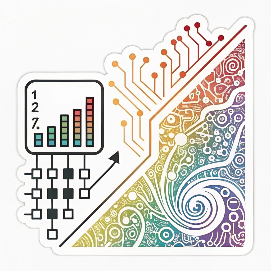 A sticker showing a pixelated, raw data block (like a binary code stream or a simple bar chart) on one side, morphing into a vibrant, abstract artistic swirl or pattern on the other, with subtle digital circuit lines connecting the two phases.
