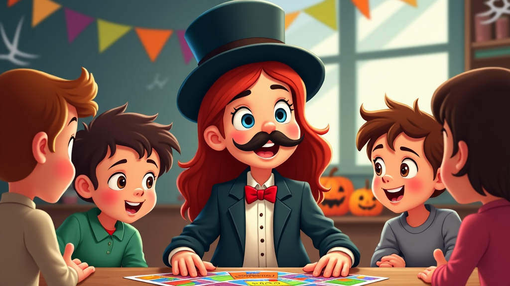 At her school Halloween party, the girl in a Mr. Monopoly outfit showcases ingenious hand-painted game cards. Her colorful collection becomes a focal discussion point, as peers admire her creative integration of costume and crafting, adding joy and innovation to traditional festive gatherings.