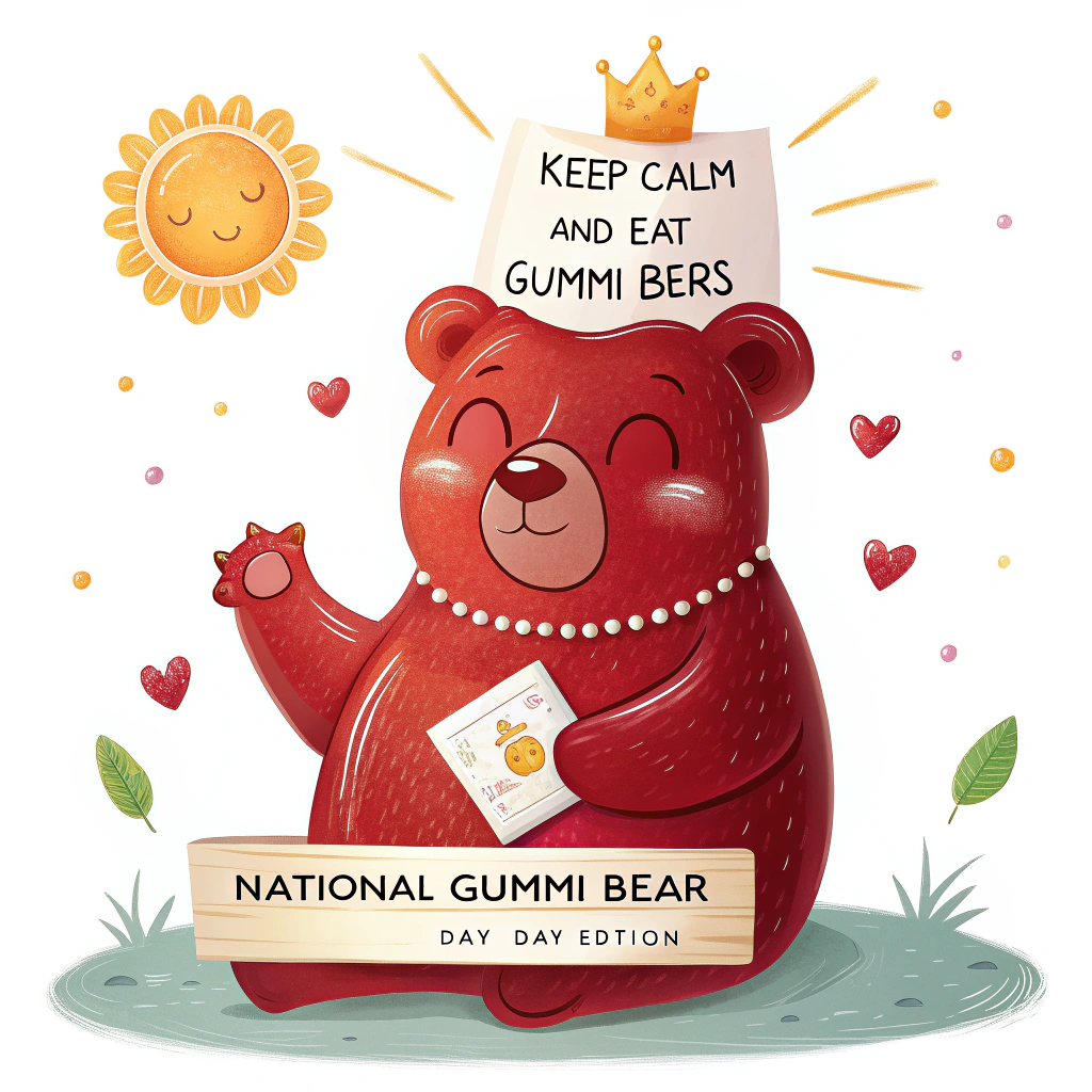 Sub-design: Feature a single, large, anthropomorphic gummi bear (e.g., a bright red or rainbow one) striking a calm, meditative pose or looking contentedly serene. It could be holding a tiny 'Keep Calm' sign or wearing a miniature crown. The phrase 'Keep Calm and Eat Gummi Bears' can be integrated around it or as a speech bubble. 'National Gummi Bear Day - Day Edition' as a banner beneath, with bright, sunny lighting effects.