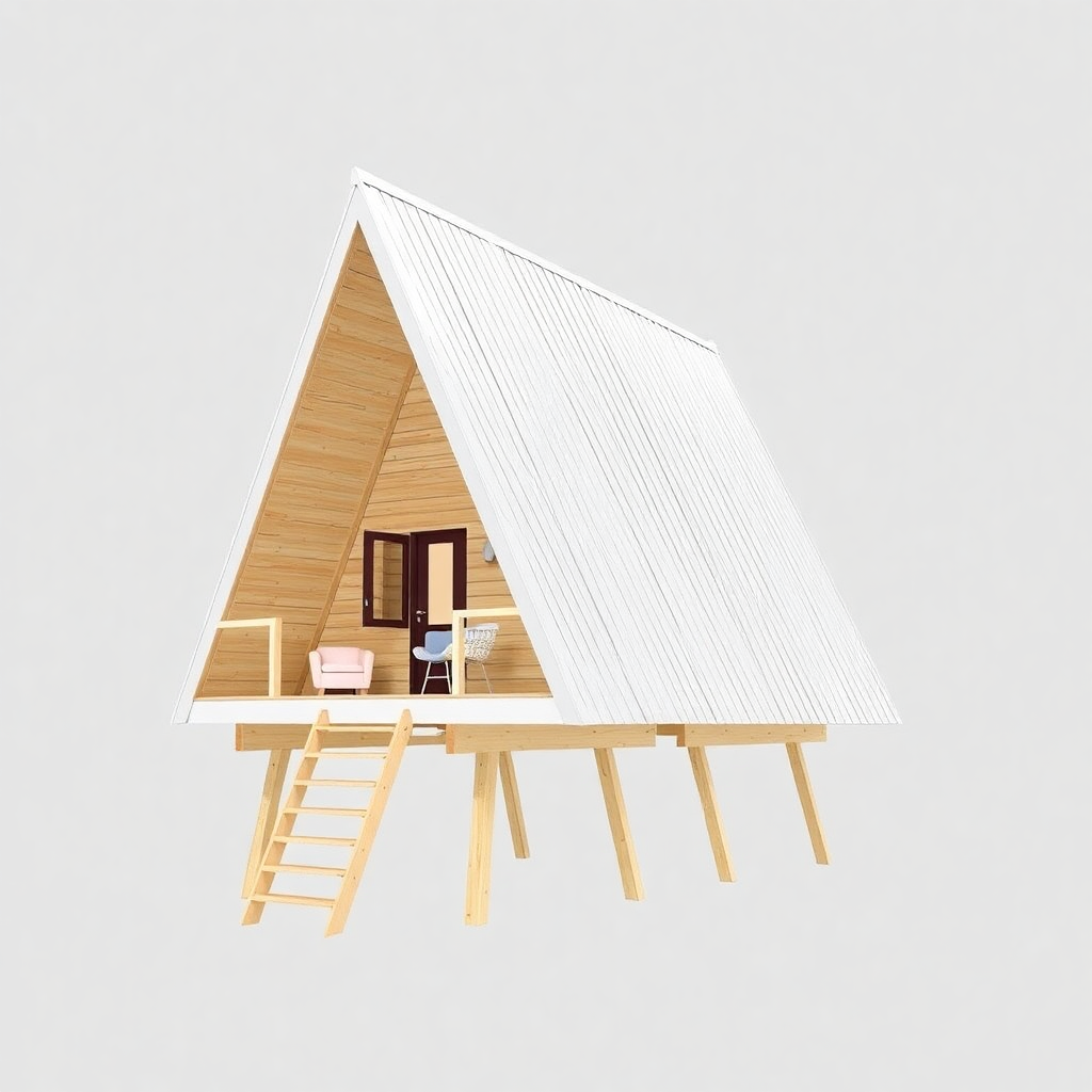 A-frame cabin that is raised on stilts, perfect for areas with uneven terrain, with a small footprint and an emphasis on vertical space to save ground impact.