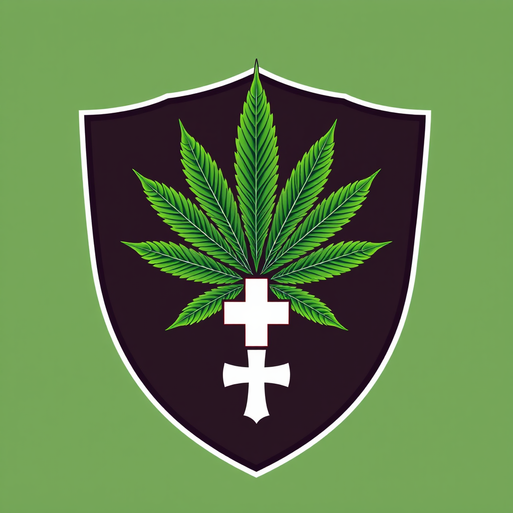 Heraldic Shield & Central Leaf: A traditional heraldic shield design. A stylized marijuana leaf is prominently featured in the center. A classic medical cross (e.g., Swiss style) is subtly integrated, possibly overlaid on the leaf's center or positioned directly below it. Focus on heritage and trust.