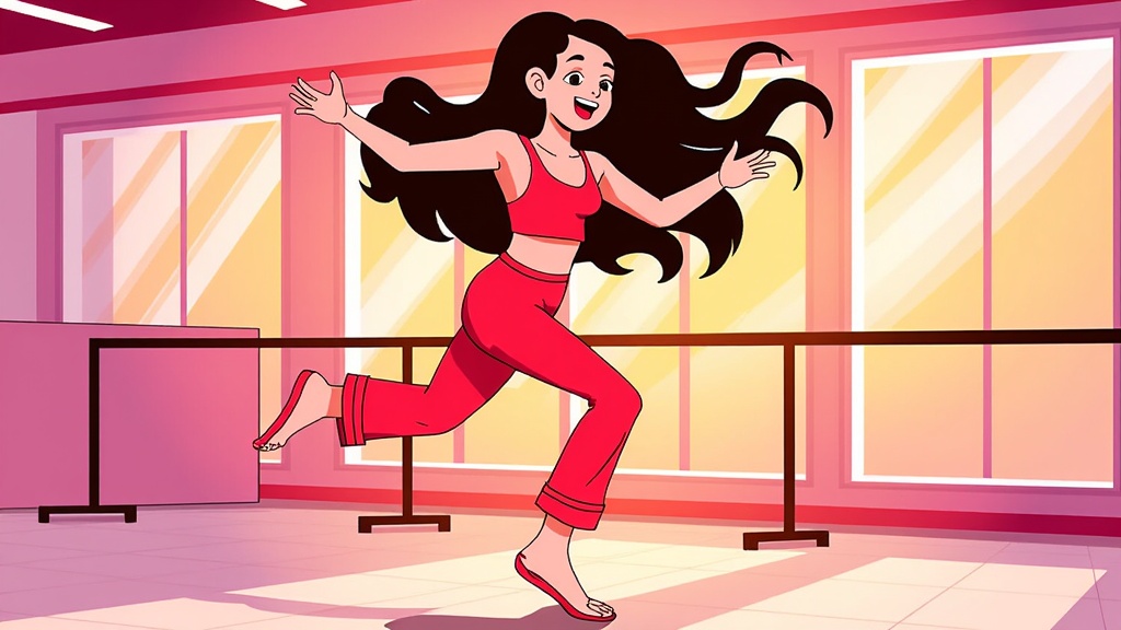  a young woman in a dance studio. She is wearing a red sports bra and red leggings, and has long black hair that is flowing in the wind. She has a big smile on her face and her arms are stretched out to the sides, as if she is dancing or celebrating. The studio has pink walls and large windows, and there is a barre in the background. The floor is tiled in a light pink color.