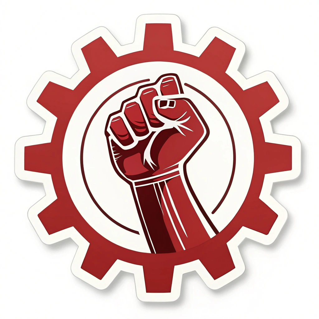 Simple Icon Idea: Gear Fist - A compact icon integrating a gear (symbolizing automation) with a raised fist (symbolizing worker rights and protest). The fist could be the central hub of the gear, or the gear's teeth could be stylized to echo a fist.