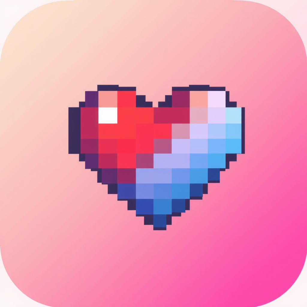 A pixel heart icon split diagonally, with one half in a solid color and the other half composed of a gradient of pixel shades, offering a modern twist on the classic pixel art.