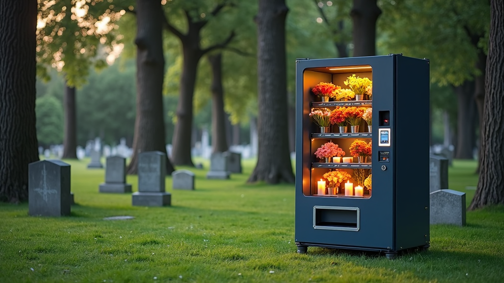 A cemetery setting with a vending machine stocked with flowers and candles, helping visitors commemorate and honor loved ones conveniently.