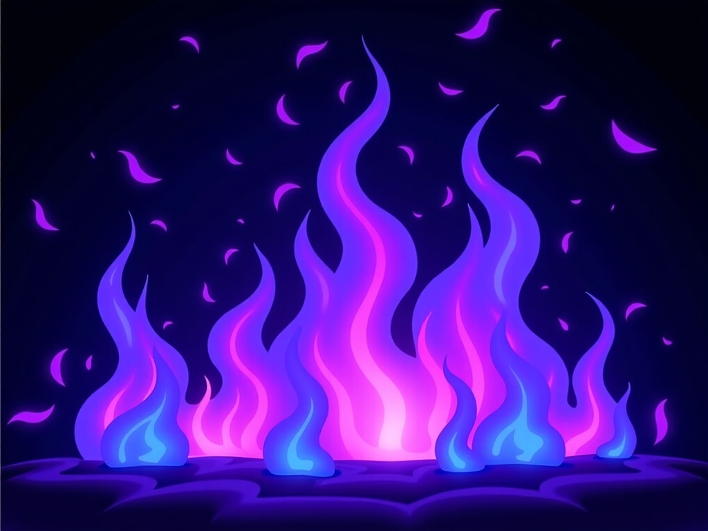 The image is an illustration of a group of blue and pink flames on a black background. The flames are arranged in a way that they are overlapping each other, creating a sense of movement and energy. The blue flames are on the left side of the image, while the pink flames are in the center. The pink flames have wavy lines that create a wave-like pattern. The background is dark, making the colors of the flames stand out even more. There are also small pink and purple petals scattered around the flames, adding a playful and whimsical touch to the image. The overall mood of the illustration is dark and mysterious.