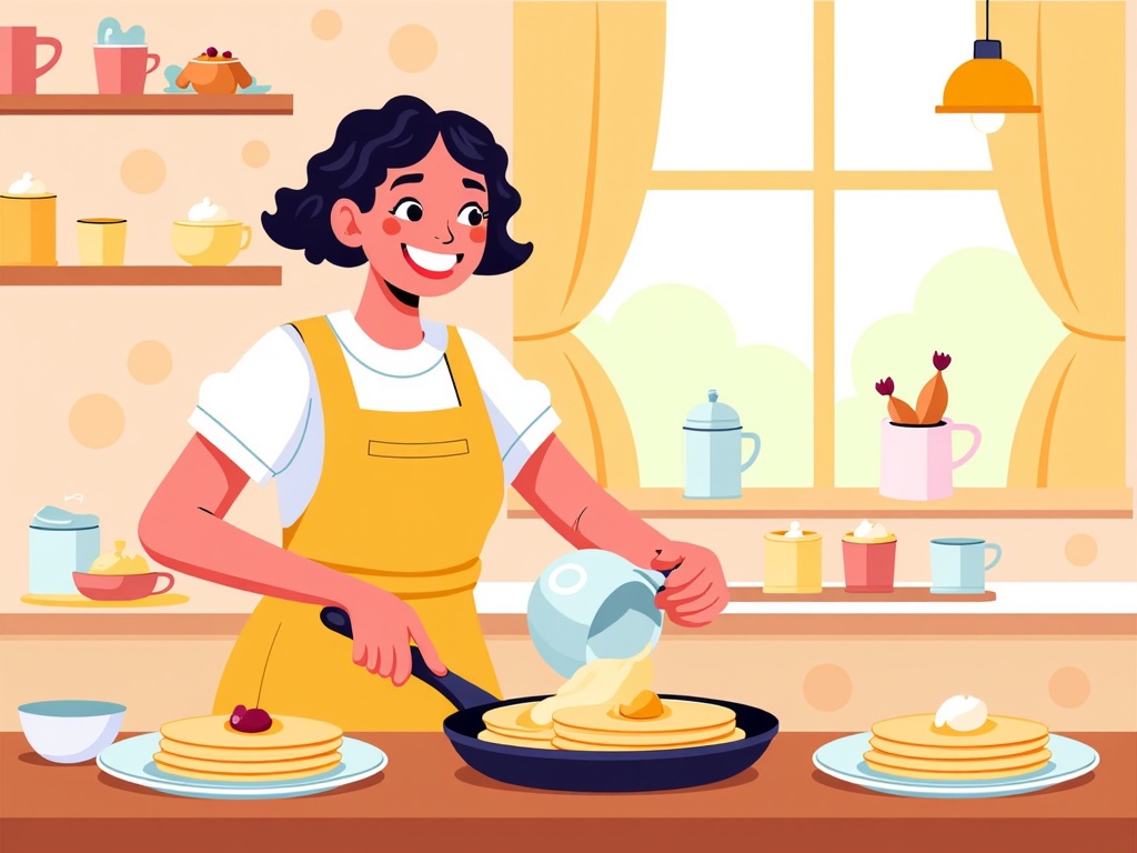  a young woman in a kitchen. She is wearing a yellow apron and has curly black hair. The woman is standing in front of a window with yellow curtains. On the countertop, there is a frying pan with pancakes on it. The pancakes are golden brown and appear to be freshly cooked. There is a cherry on top of one of the pancakes and a dollop of whipped cream on the other. In the background, there are shelves with various kitchen items such as a teapot, cups, and a vase with flowers. The overall style of the image is cartoon-like and cheerful.