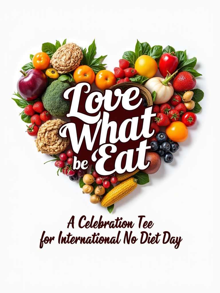 Heartfelt Food Collage: A heart shape filled with a diverse collage of delicious-looking food items. The text 'Love What You Eat' is superimposed over the heart or placed elegantly below. 'A Celebration Tee for International No Diet Day' as supporting text.