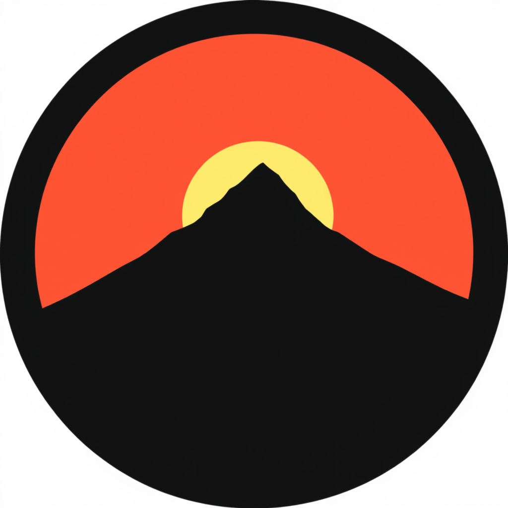 A circular icon featuring a mountain silhouette with the sun partially eclipsed behind it, creating a sense of depth and perspective.