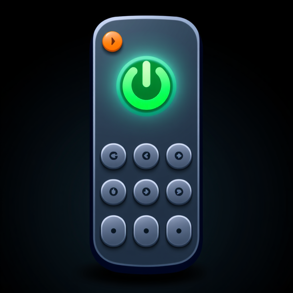 A remote with a glowing button representing power, surrounded by smaller, generic buttons, set against a dark background to highlight usability.