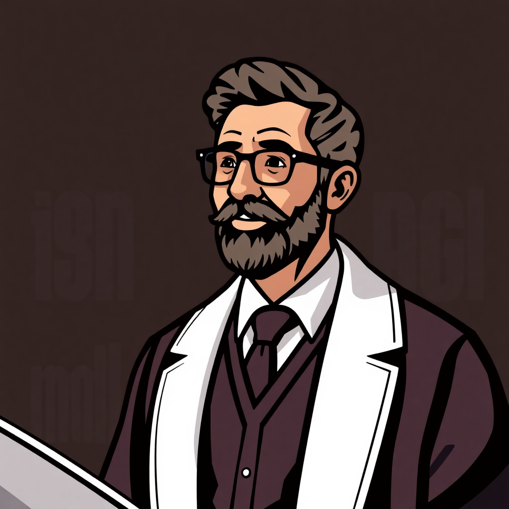 The image is a digital illustration of a man with a beard and mustache. He is wearing a white lab coat with a purple shirt and a purple tie. He has a pair of glasses on and is looking off to the side with a serious expression on his face. The background is a dark brown color. The man appears to be standing in front of a podium or podium, as if he is giving a speech or presentation.