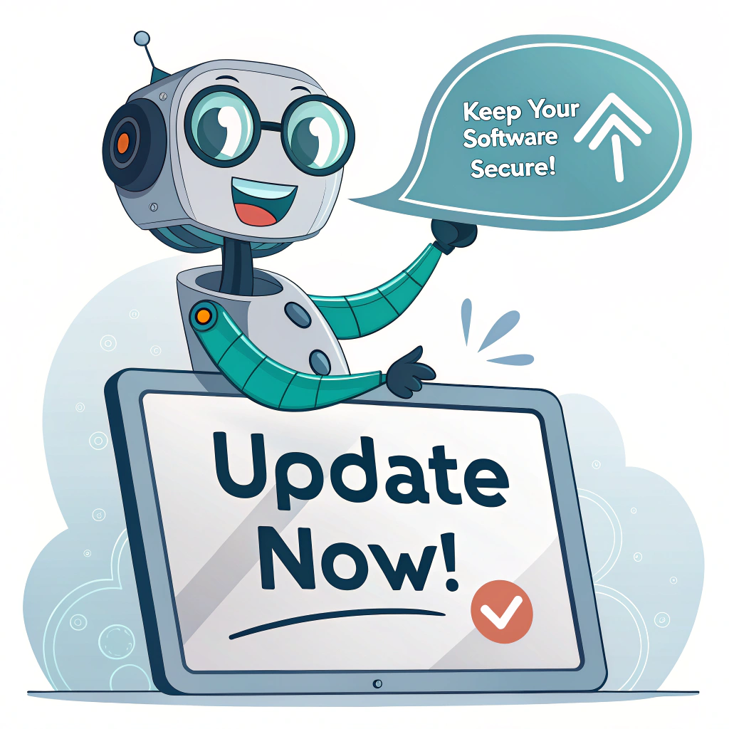 Sticker Sub-Design 2 (Mascot): A friendly, vigilant robot mascot pointing urgently to a notification on a stylized screen that reads 'Update Now!'. A speech bubble from the robot says: 'Keep Your Software Secure!'