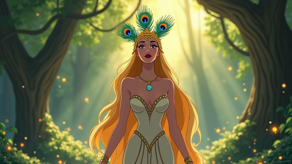 A majestic figure with a golden crown, perhaps with peacock feathers incorporated into her design. She would have a regal bearing, emphasizing her status as queen of the gods.