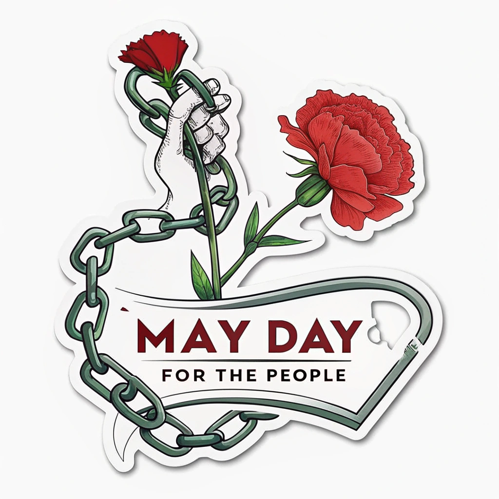 Sub-design 4: A symbolic sticker illustrating a broken chain with a red carnation (a traditional May Day flower) blooming from it, representing liberation. Accompanying text could be 'MAY DAY - FOR THE PEOPLE'.