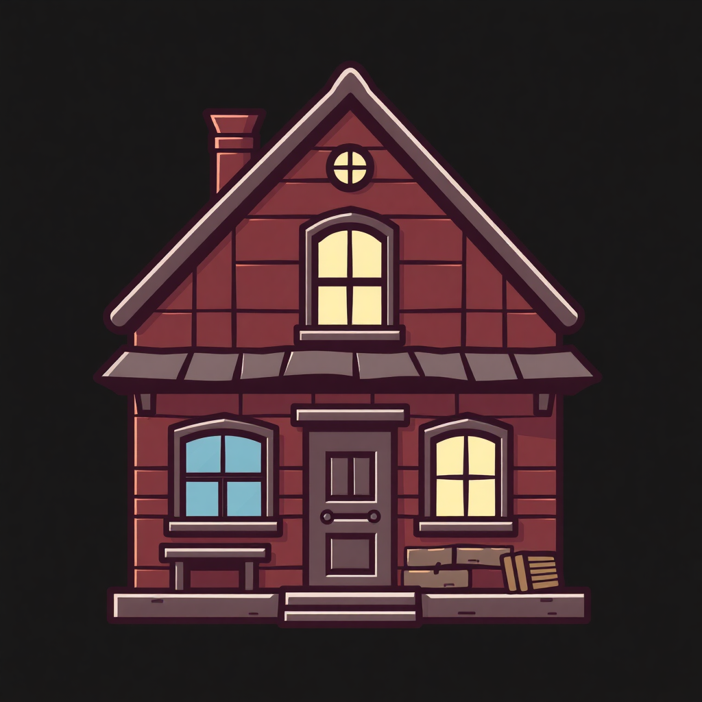 The image is a digital illustration of a small house. The house is made of red bricks and has a sloping roof with a chimney on the left side. The front of the house has a large window with a white frame and a small arched window on the right side. There is a door in the center of the front door with a small window above it. On either side of the door, there are two small windows with white frames. The windows have blue frames and there is a small porch with a bench in front of them. The overall style of the illustration is cartoon-like and the colors are bright and vibrant.