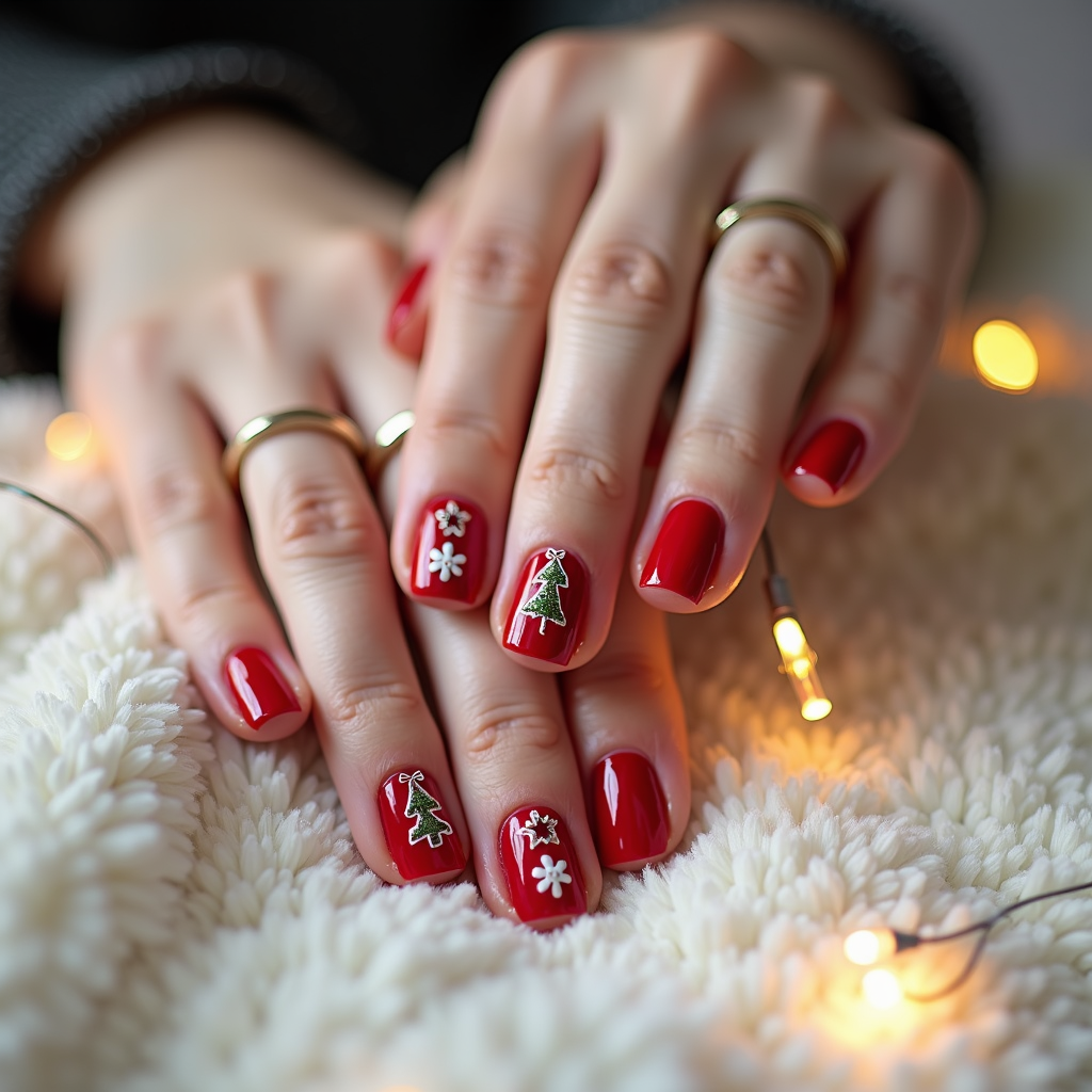  a pair of hands resting on a white furry surface with small Christmas lights scattered around them. The hands are resting on top of each other, with the fingers slightly curled and the nails painted in a bright red color. Each hand has a unique design on it, including a small Christmas tree, a snowflake, and a star. The nails are painted with a glossy finish and are decorated with small white flowers. The background is blurred, but it appears to be a cozy and festive setting.