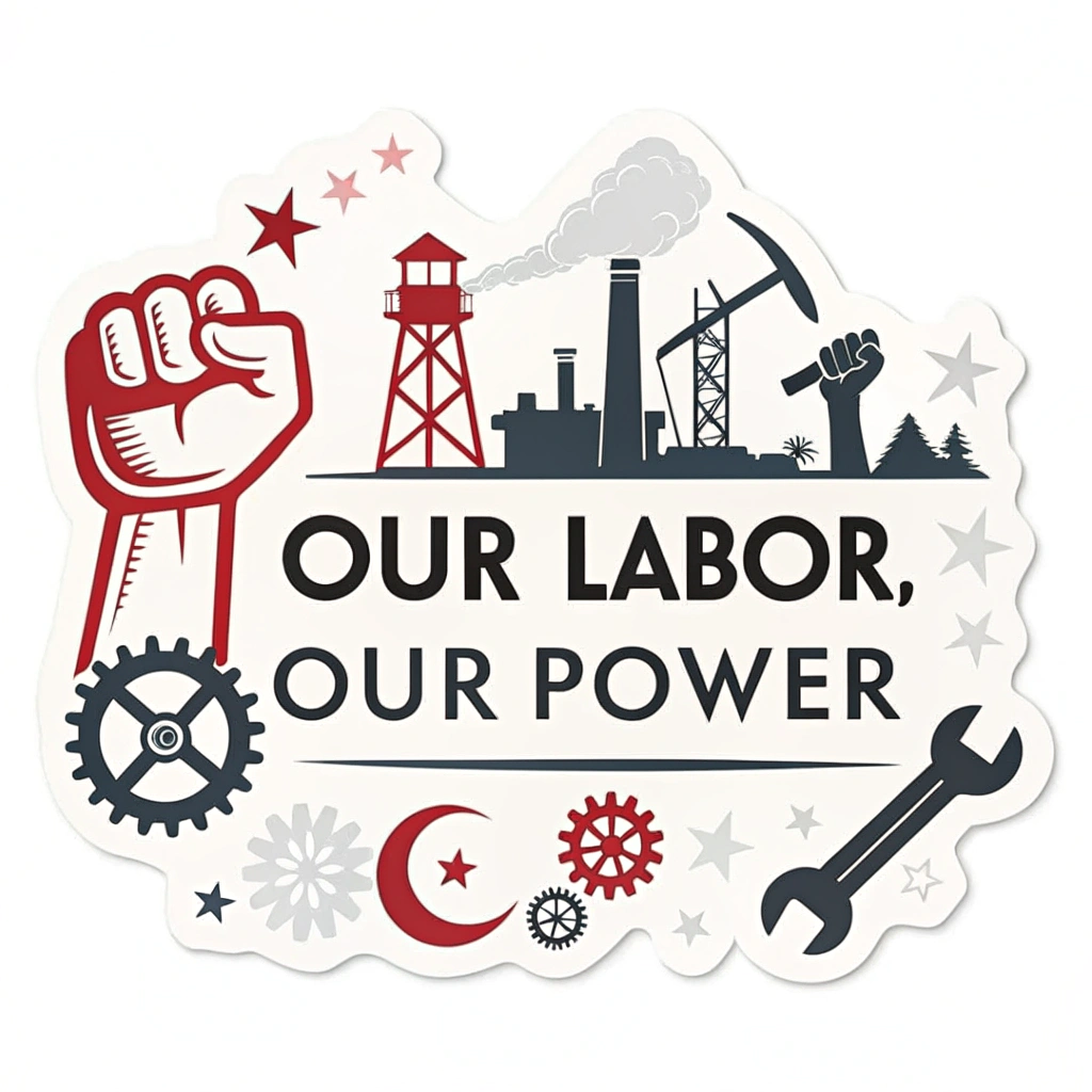 Sub-design idea 1 (Industrial Typography): Utilize strong, sans-serif, stencil-like typography. Slogan example: 'OUR LABOR, OUR POWER'. Accompany with minimalist industrial symbols like a gear or wrench. Color palette: Red, black, and off-white for a bold, stark impact.
