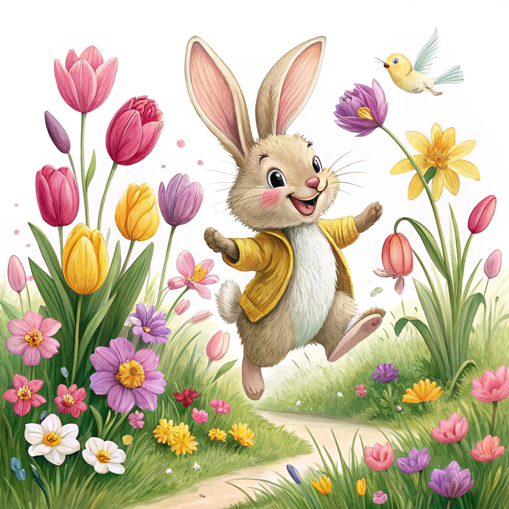 A sticker showing a cheerful bunny amidst a field of colorful spring flowers, celebrating Easter Monday.