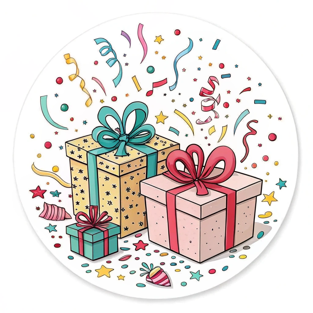 A sticker with confetti and gift boxes.