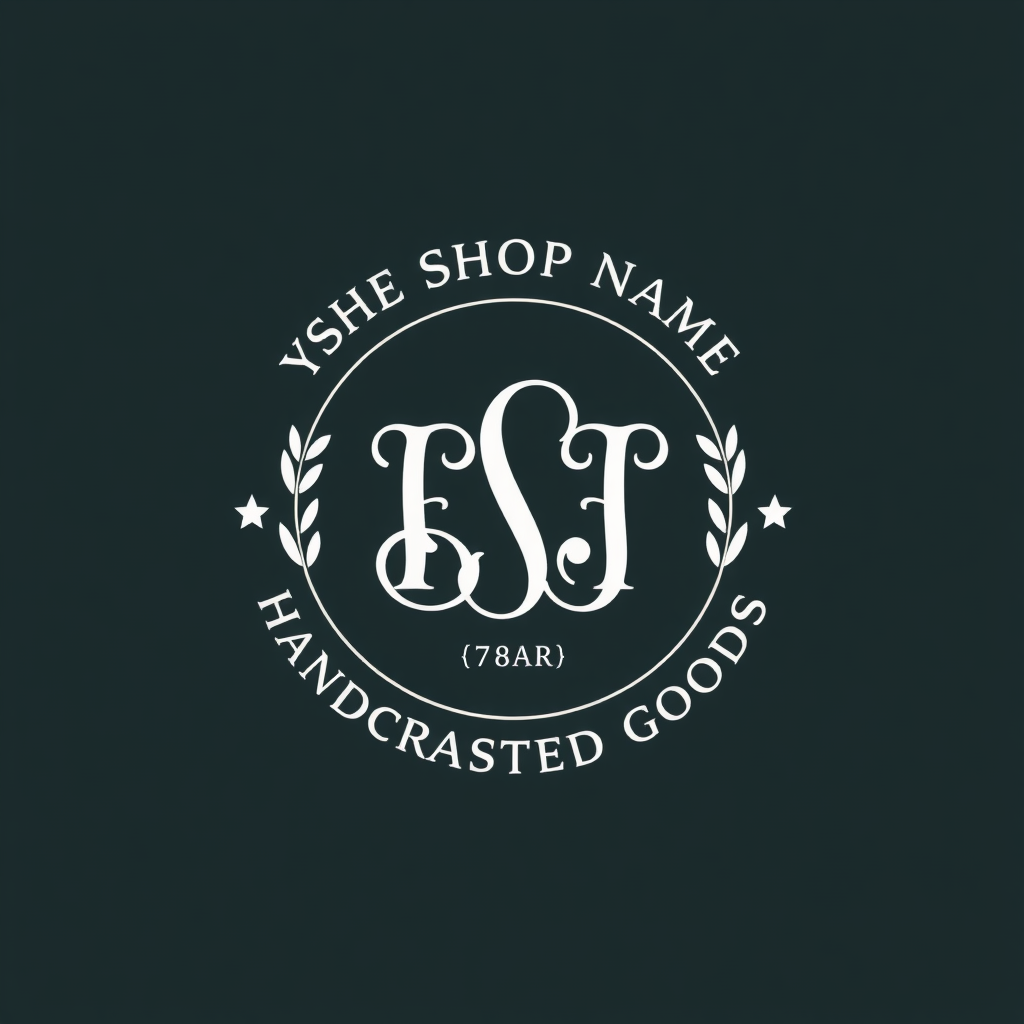 Simple Vintage Monogram Circle: A concise logo idea featuring a circular badge. At its center, display the shop's initials in a bold, elegant vintage serif font. The full shop name and 'Established [Year]' (or a relevant short phrase like 'Handcrafted Goods') curve along the circular border. Tiny, symmetrical leaf or star elements could flank the initials for a touch of classic refinement.