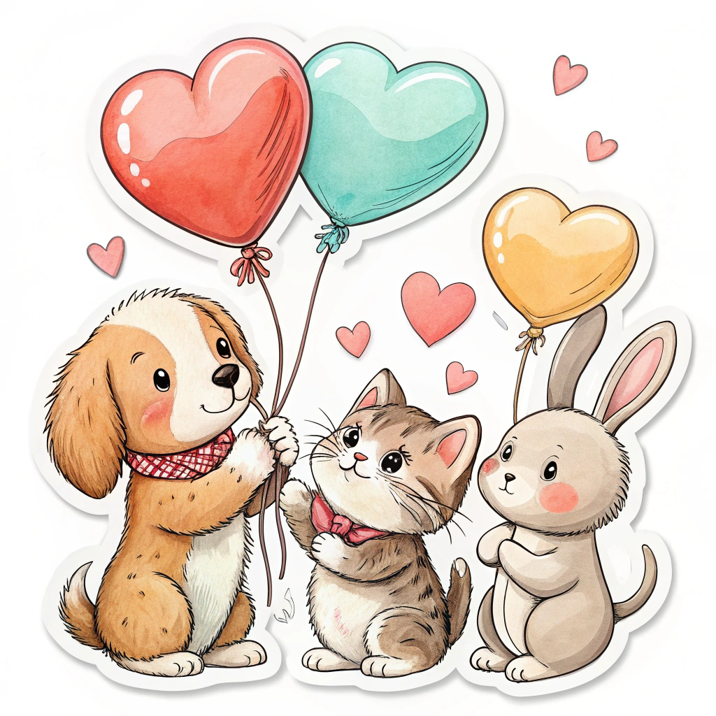 Animals holding heart balloons