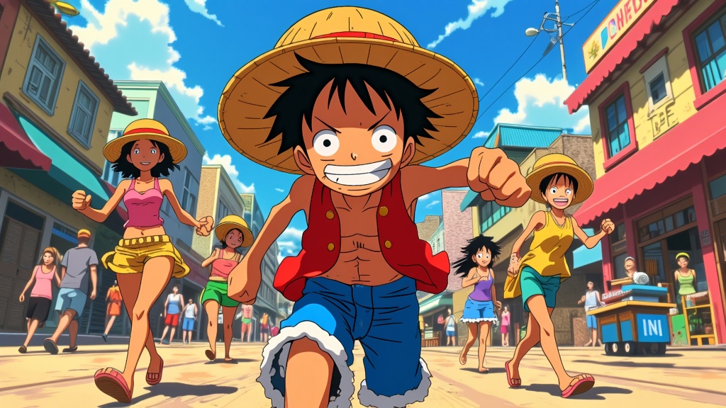 One Piece crew racing through a bustling island town, Luffy leading the charge while crowds watch in awe, capturing the spirit of adventure and exploration.